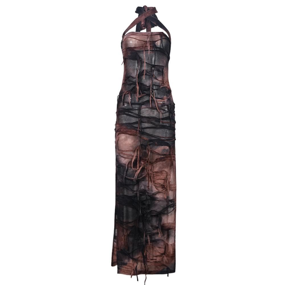 Halter tie dye high slit cross front maxi dress  | Festival Outfits Women