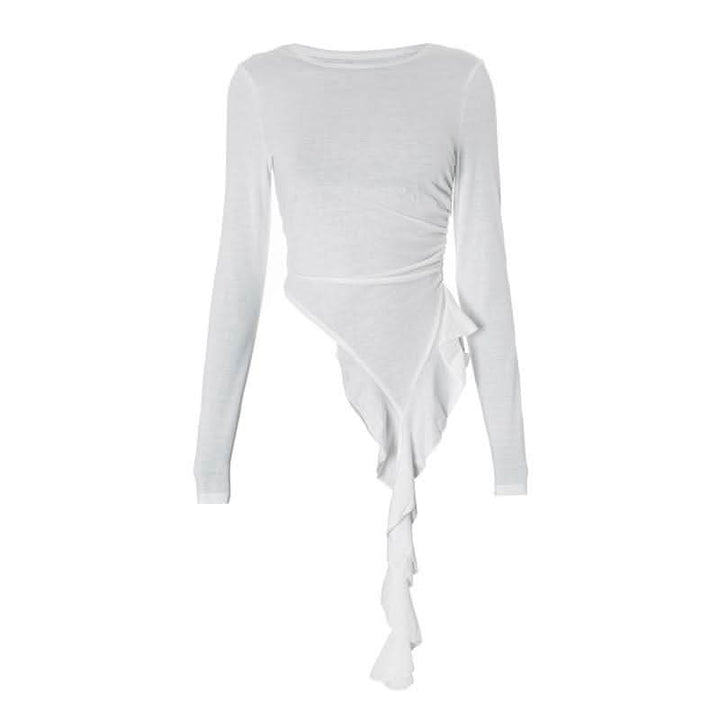 Long sleeve ruched irregular ruffle crewneck top-final-sale