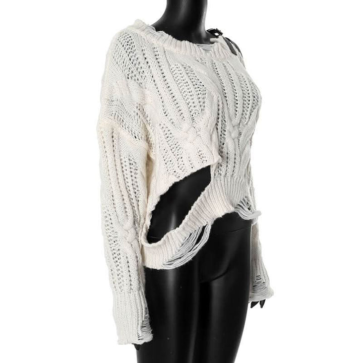 Long sleeve buckle knitted hollow out cut out top  | Festival Outfits Women-final-sale