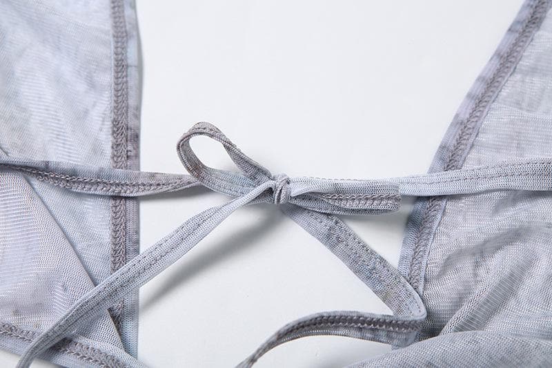 Halter self tie deep V neck sheer mesh shell applique maxi dress  | Festival Outfits Women