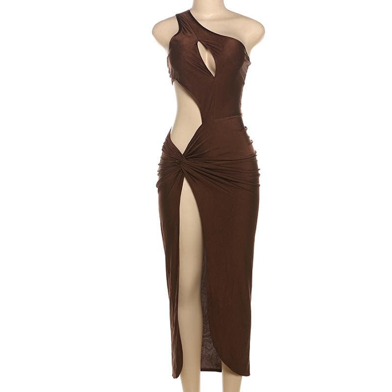 One shoulder hollow out ruched high slit cut out midi dress  | Festival Outfits Women