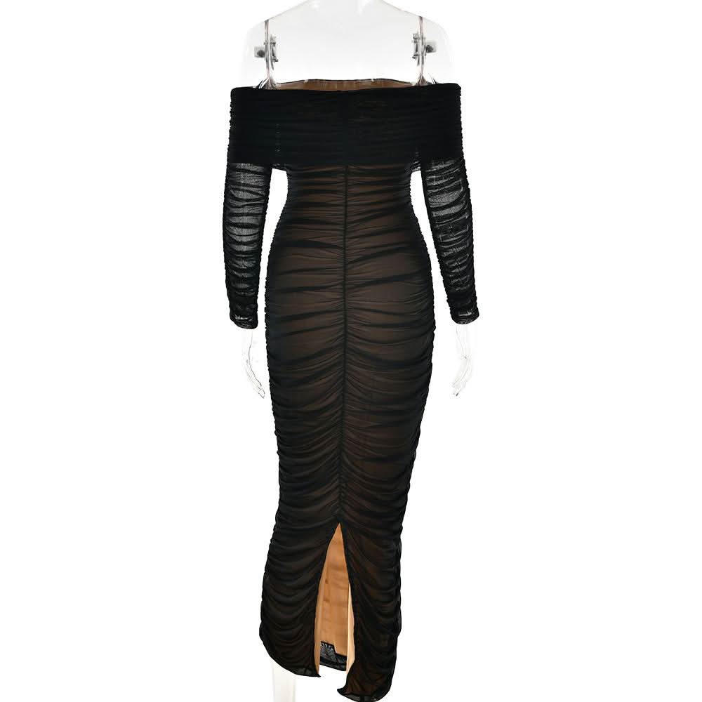 Off shoulder long sleeve slit mesh ruched maxi dress  | Festival Outfits Women