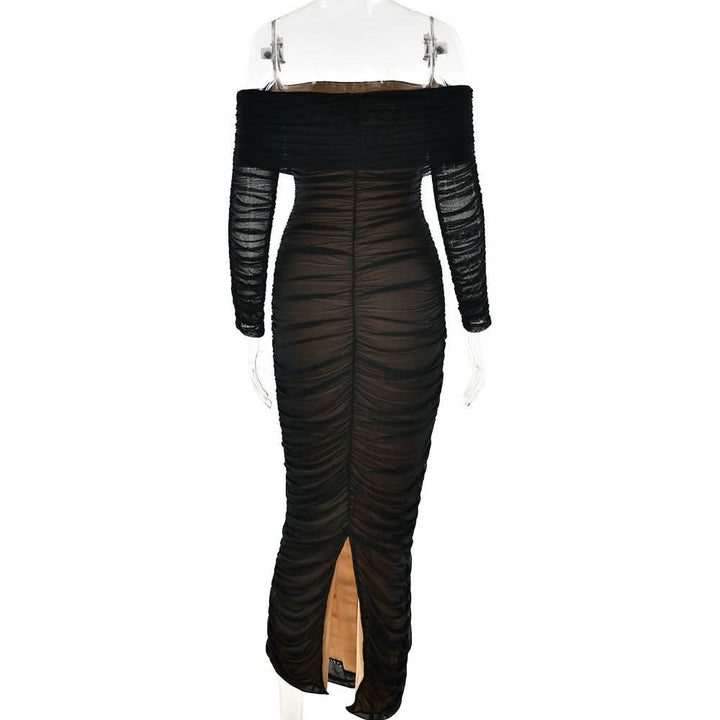 Off shoulder long sleeve slit mesh ruched maxi dress  | Festival Outfits Women