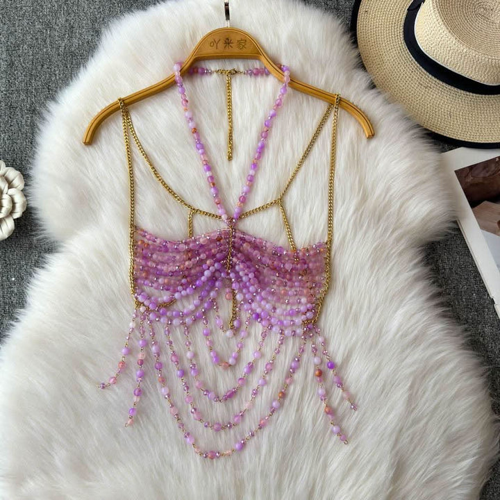 Halter beaded hollow out backless cut out top  | Festival Outfits Women