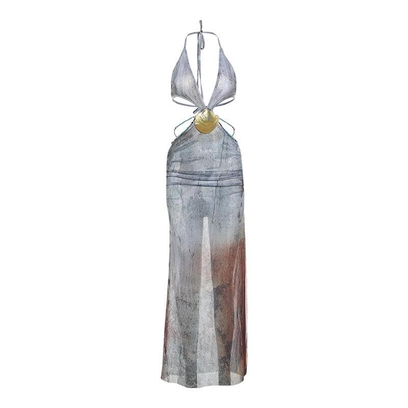 Halter self tie deep V neck sheer mesh shell applique maxi dress  | Festival Outfits Women