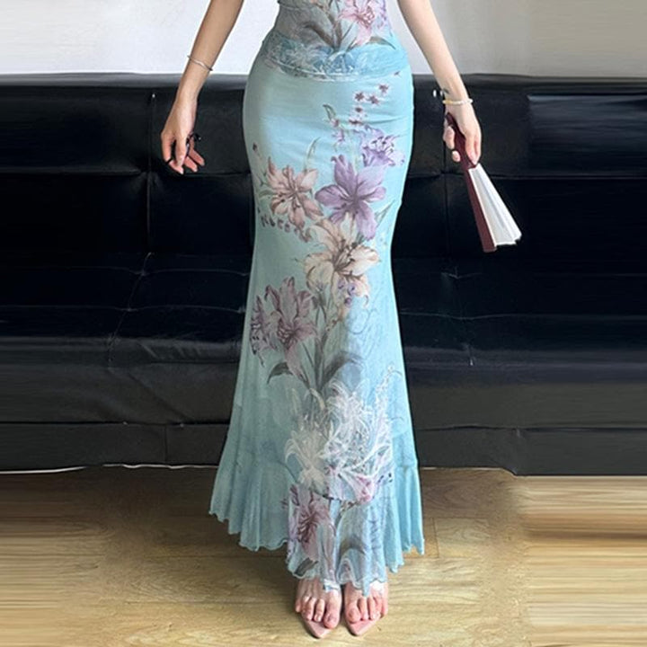 Ruched ruffle cowl neck  flower print mesh maxi skirt set-final-sale