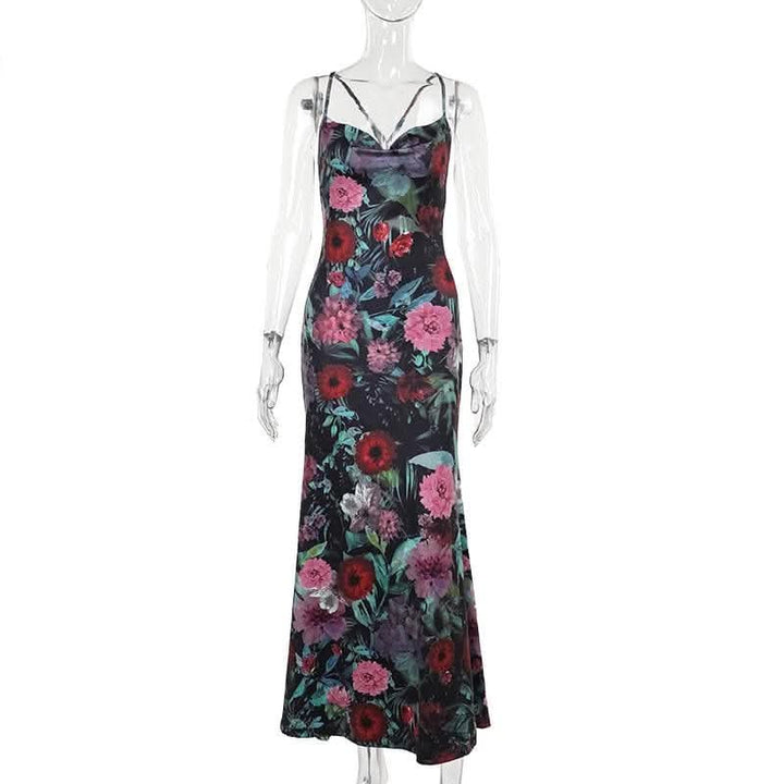 Cowl neck flower print contrast backless cami maxi dress-final-sale  | Festival Outfits Women