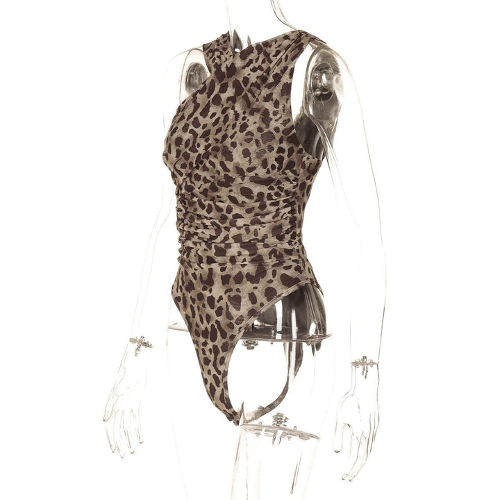 Leopard print sleeveless irregular ruched mesh bodysuit  | Festival Outfits Women