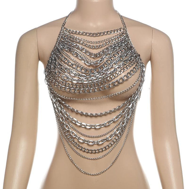 Halter layered metal chain hollow out backless cut out top  | Festival Outfits Women