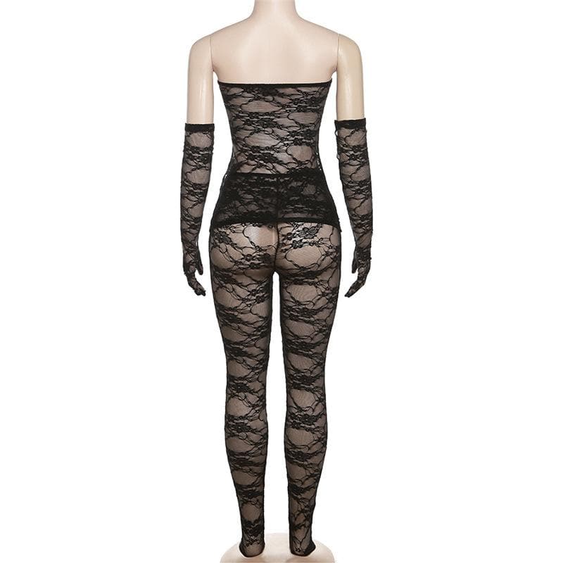 Lace see through gloves solid backless tube pant set-final-sale  | Festival Outfits Women