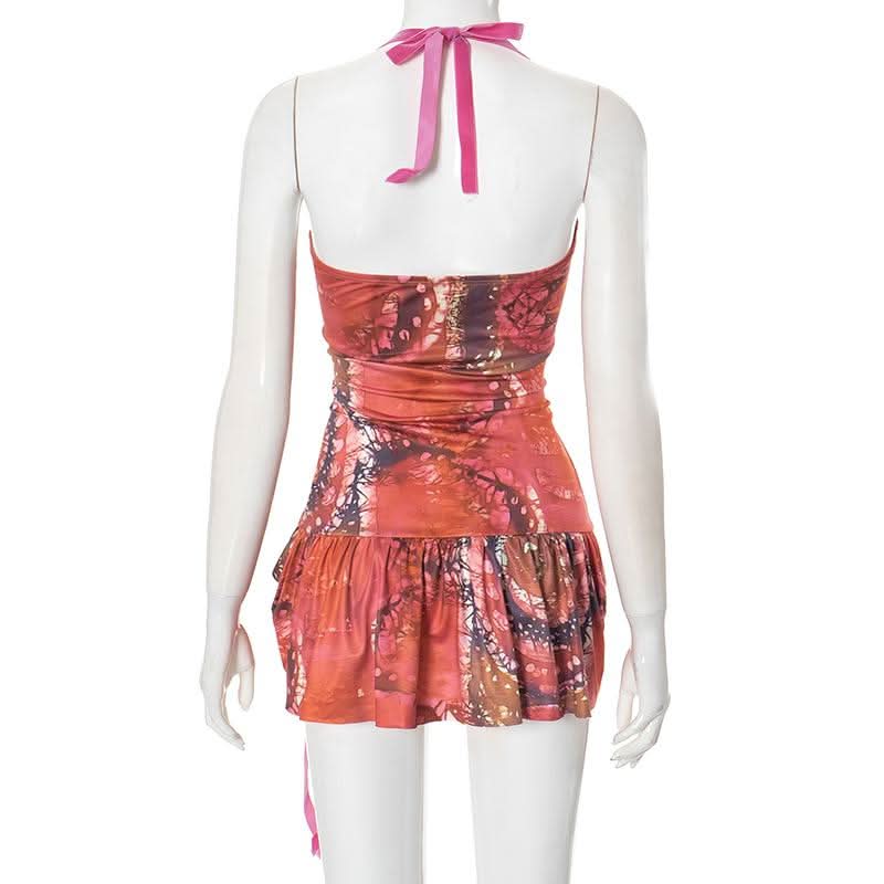 Halter self tie ruched hollow out print cut out mini dress-final-sale
