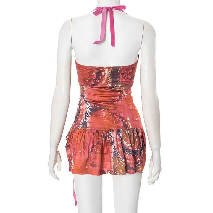 Halter self tie ruched hollow out print cut out mini dress-final-sale