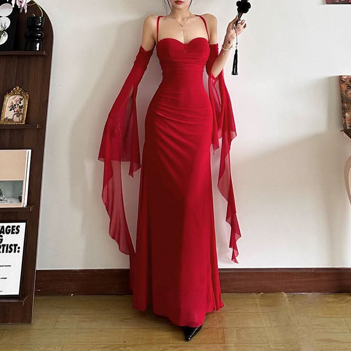 Cross back ruched gloves mesh cami maxi dress  | Festival Outfits Women