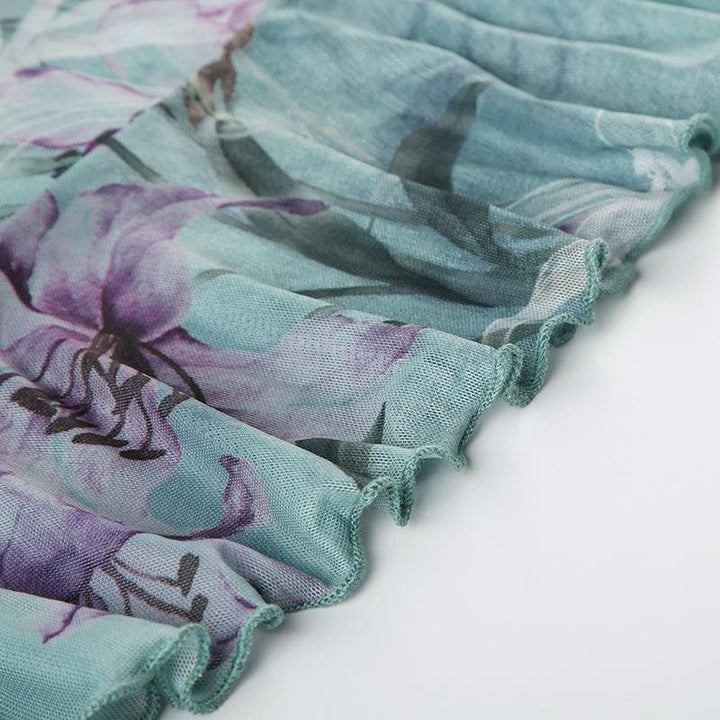 Ruched ruffle cowl neck  flower print mesh maxi skirt set-final-sale