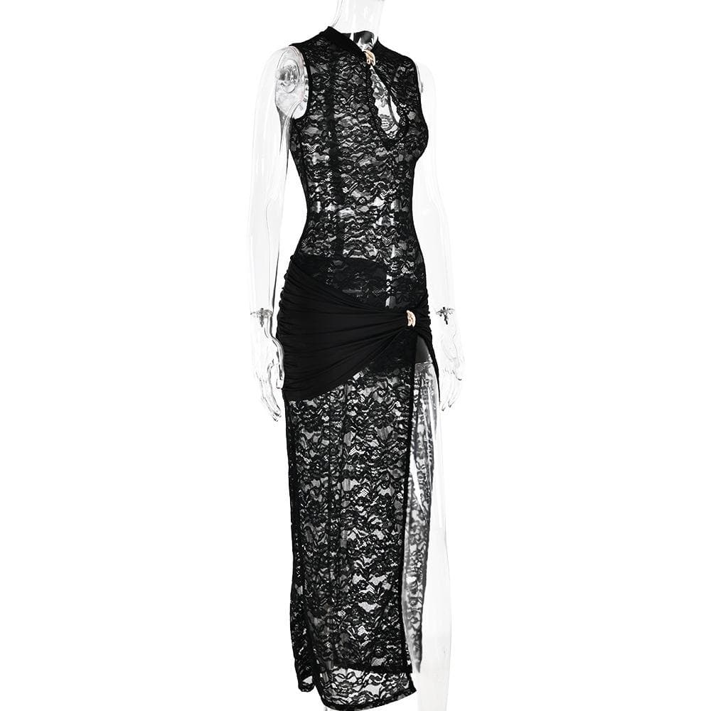 Lace ruched see through hollow out high slit cut out maxi dress  | Festival Outfits Women
