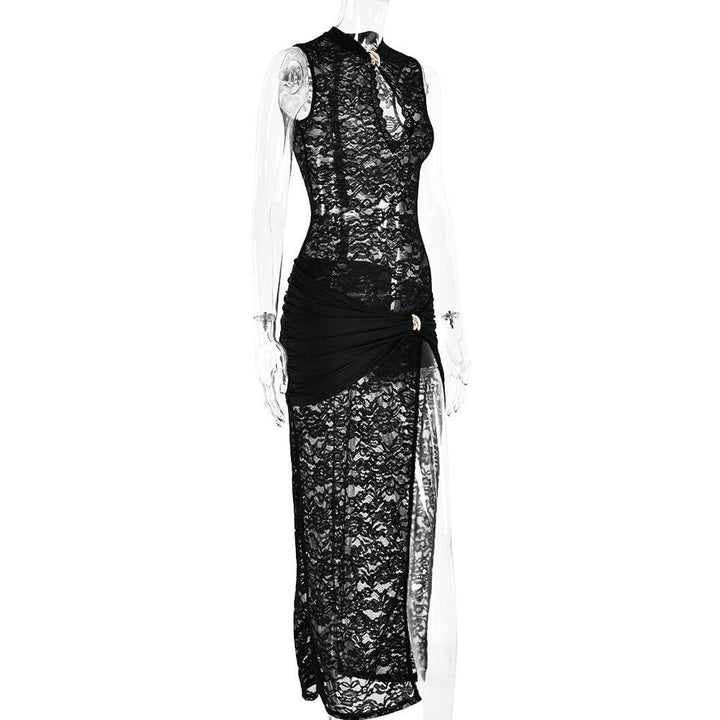 Lace ruched see through hollow out high slit cut out maxi dress  | Festival Outfits Women