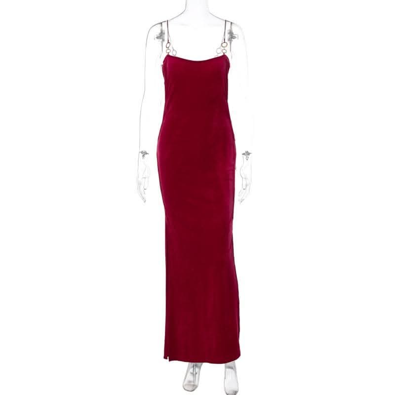 Velvet solid o ring hollow out slit backless cut out maxi dress-final-sale  | Festival Outfits Women
