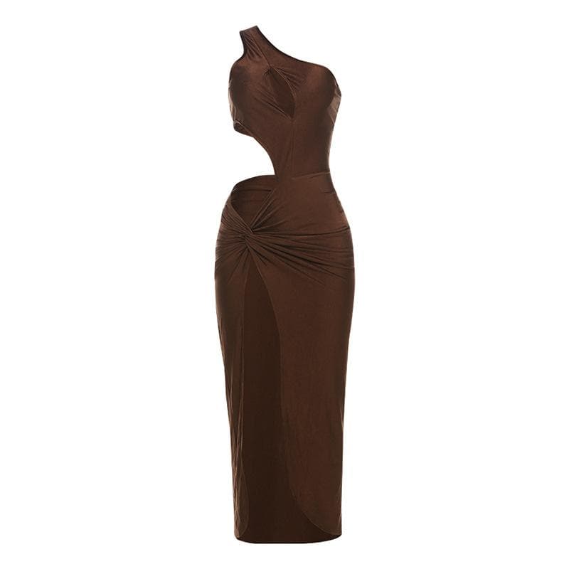 One shoulder hollow out ruched high slit cut out midi dress  | Festival Outfits Women