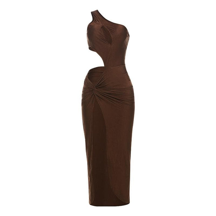 One shoulder hollow out ruched high slit cut out midi dress  | Festival Outfits Women