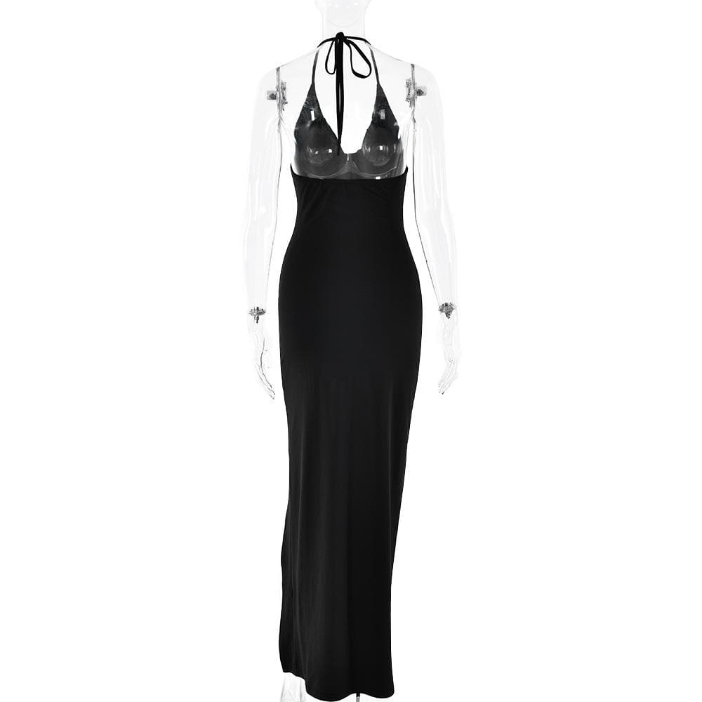 Halter v neck ruched slit backless midi dress  | Festival Outfits Women