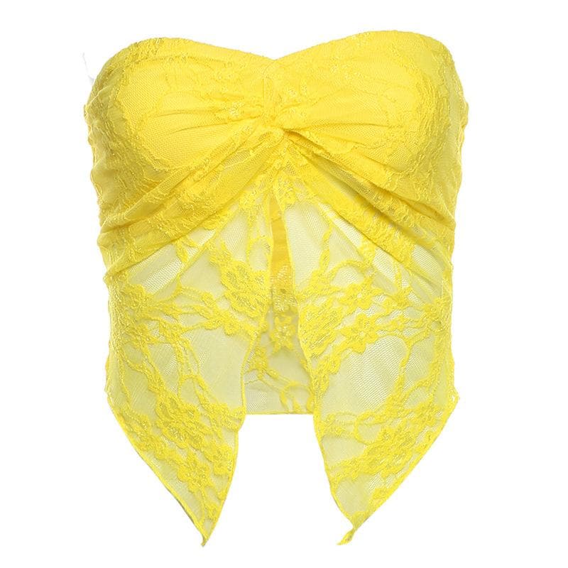 Lace ruched slit ruffle solid tube top  | Festival Outfits Women