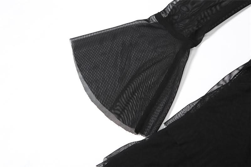 Long flared sleeve irregular mesh ruched mini dress  | Festival Outfits Women