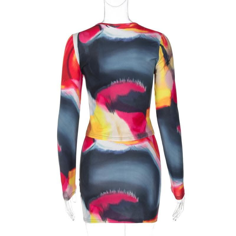 Long sleeve tie dye round neck mini skirt set-final-sale  | Festival Outfits Women