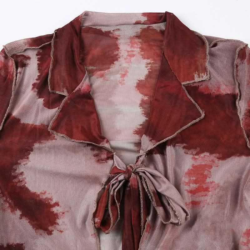 Sheer mesh see through long sleeve tie dye ruffle self tie crop top-final-sale | Mesh Long Sleeve Crop Top  | Festival Outfits Women