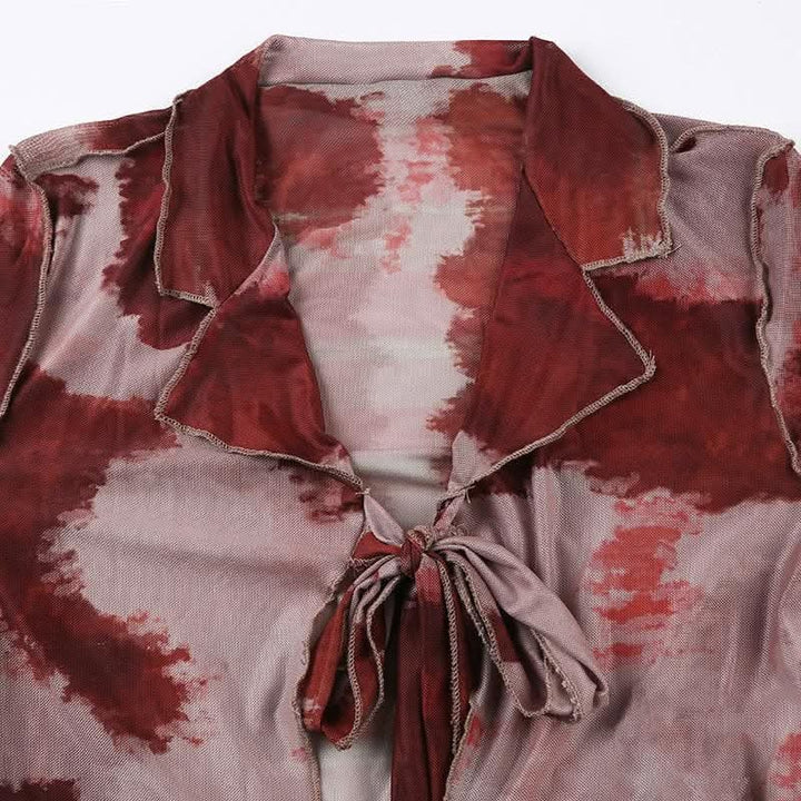 Sheer mesh see through long sleeve tie dye ruffle self tie crop top-final-sale | Mesh Long Sleeve Crop Top  | Festival Outfits Women
