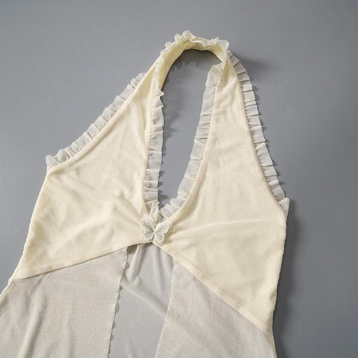 Halter lace hem ruffle butterfly embroidery mesh top  | Festival Outfits Women