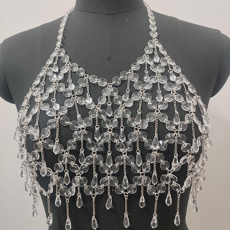 Metal chain plastic crystal halter backless crop top  | Festival Outfits Women