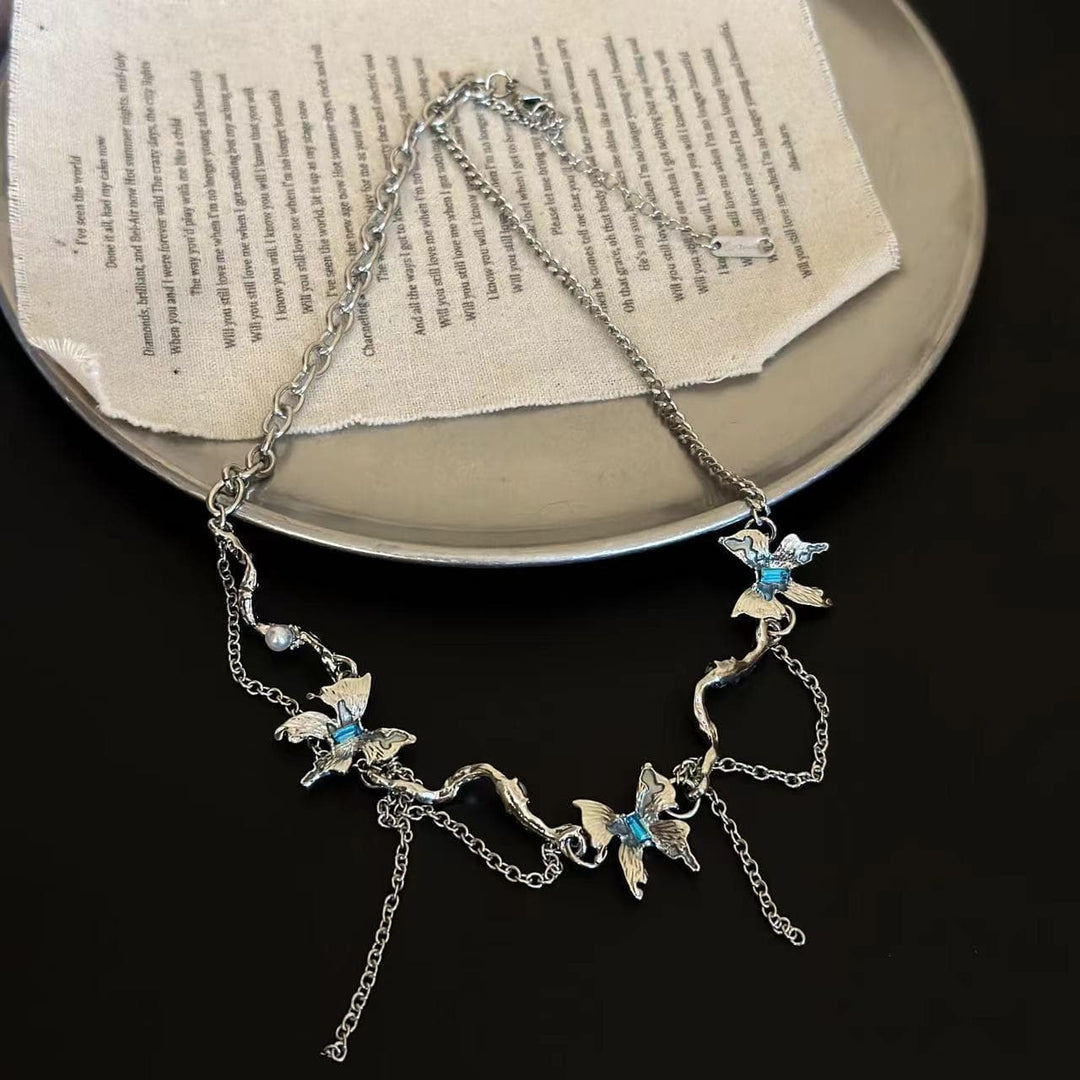 Blue butterfly metal chain layered choker necklace  | Festival Outfits Women