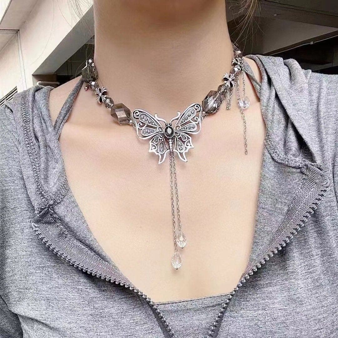 Butterfly beaded crystal pendant choker necklace  | Festival Outfits Women
