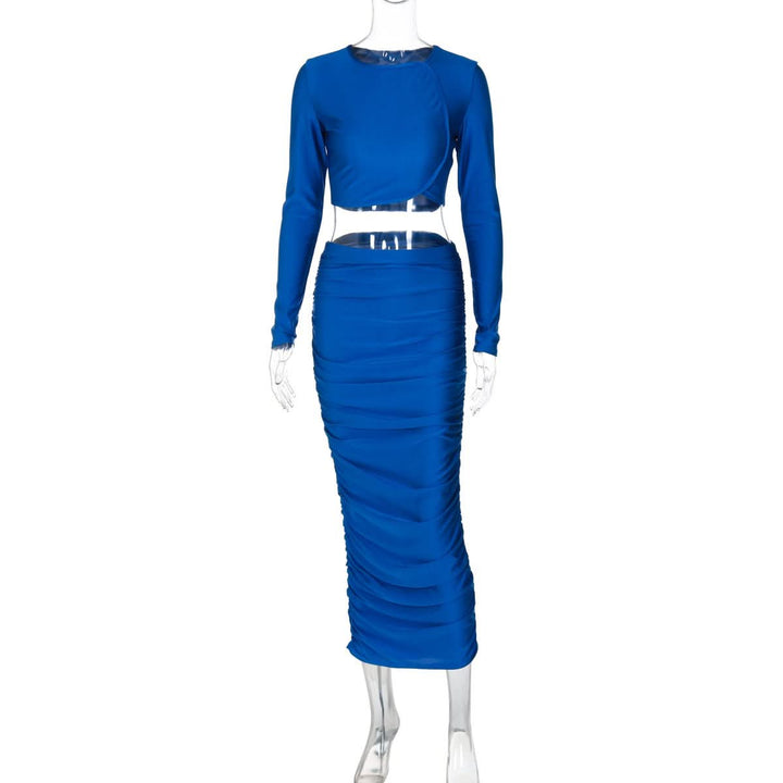 Long sleeve crewneck ruched crop maxi skirt set  | Festival Outfits Women