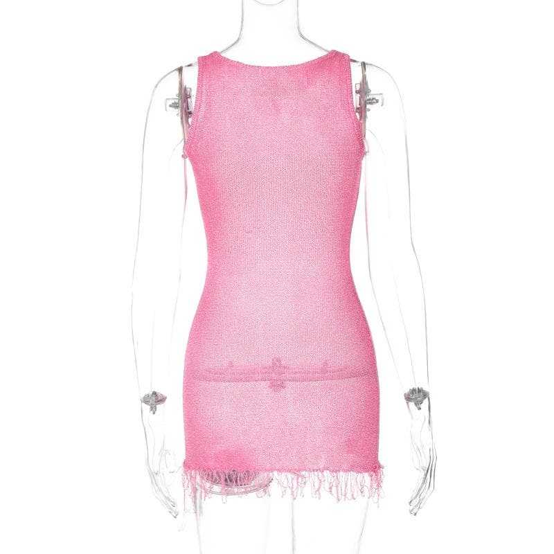 Sleeveless u neck tassels knitted mini dress  | Festival Outfits Women