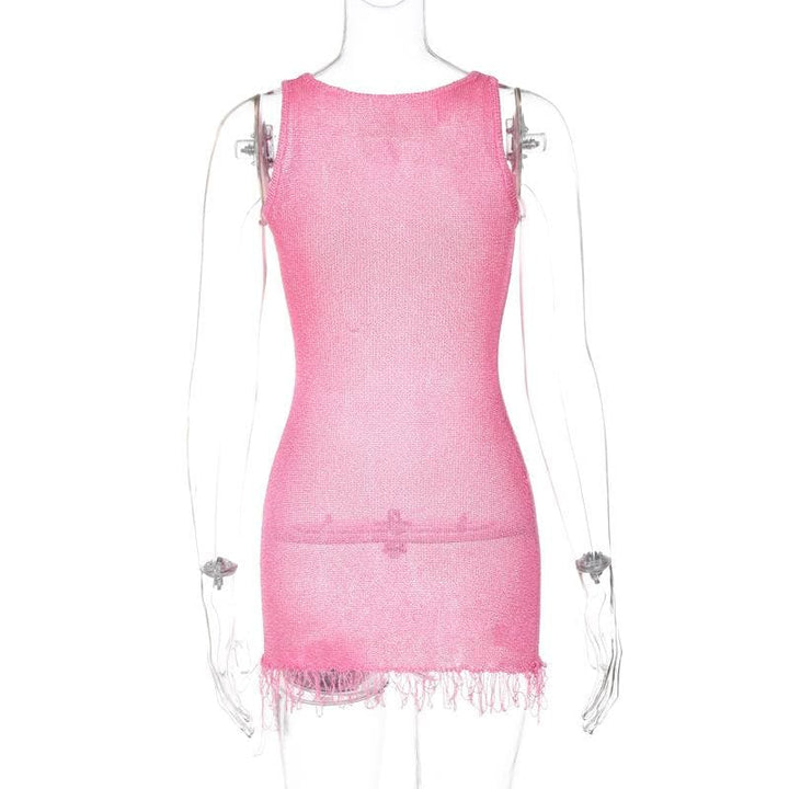 Sleeveless u neck tassels knitted mini dress  | Festival Outfits Women