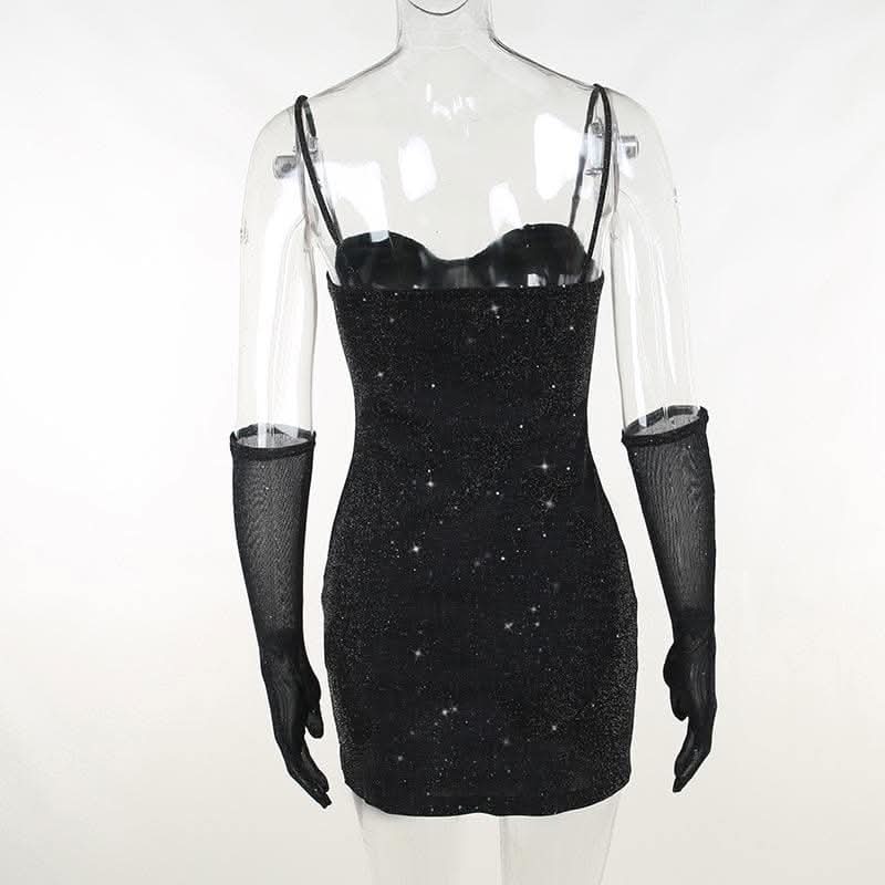 Gloves solid beaded slit sweetheart neck cami mini dress-final-sale