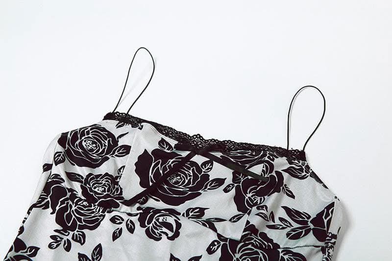Rose print lace hem contrast spaghetti strap mini dress-final-sale