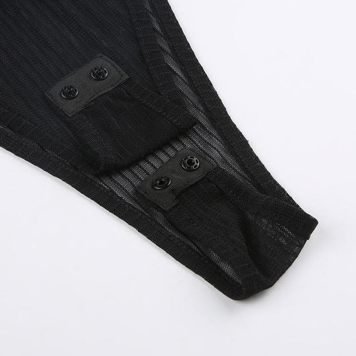 Long sleeve sheer mesh striped bodysuit  | Festival Outfits Women