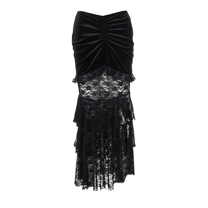 Velvet lace ruched slit midi skirt  | Festival Outfits Women