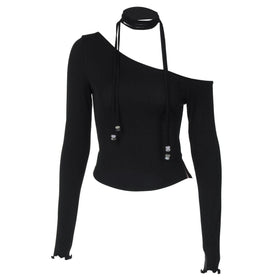 Halter one shoulder long sleeve beaded solid top  | Festival Outfits Women