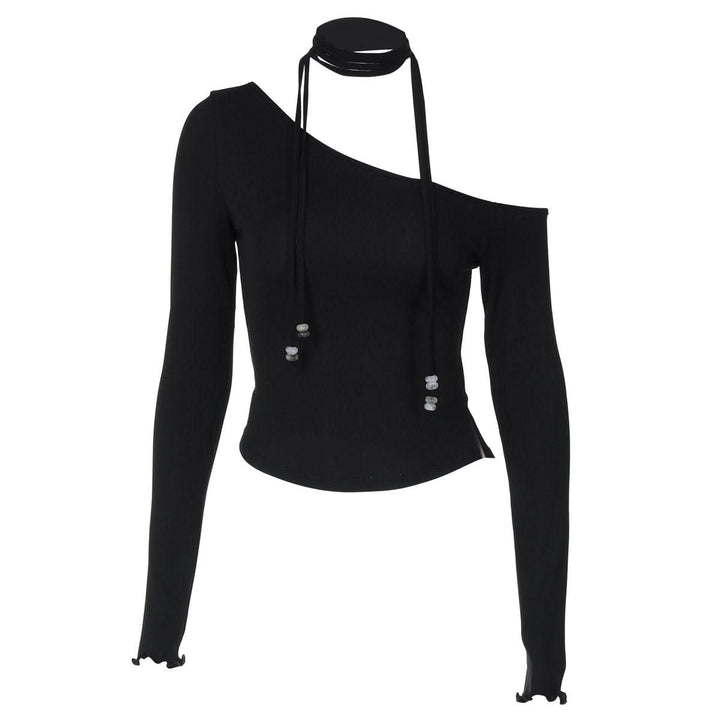 Halter one shoulder long sleeve beaded solid top  | Festival Outfits Women