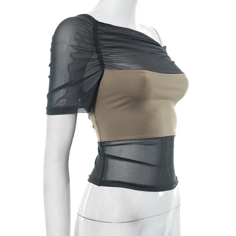 Mesh contrast patchwork short sleeve off shoulder ruched top-final-sale  | Festival Outfits Women