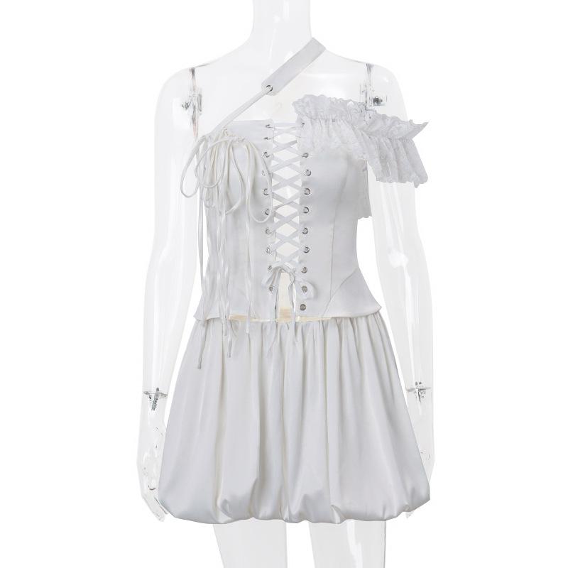 One off shoulder irregular lace up satin ruffle puff skirt set Cargo Mini Skirt  | Festival Outfits Women
