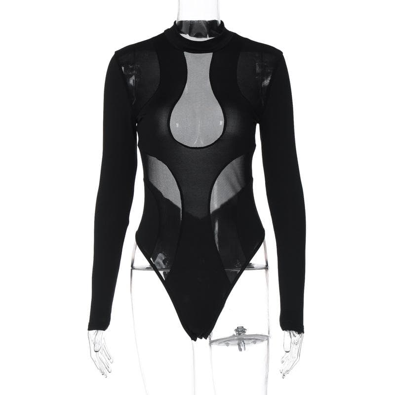 Suturar gyaran jiki mai dogon hannu ta crewneck mesh | Kayan Biki na Mata