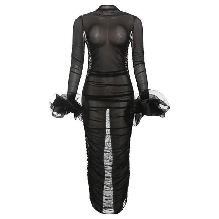 Long sleeve mesh see through ruched maxi dress-final-sale  | Festival Outfits Women