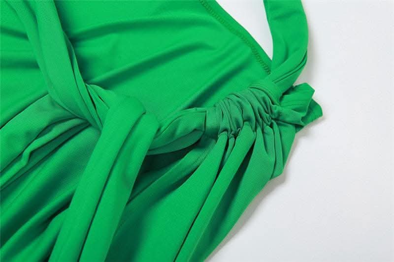 Halter irregular solid backless knotted ruched maxi dress-final-sale  | Festival Outfits Women
