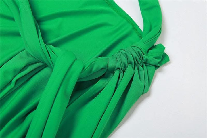 Halter irregular solid backless knotted ruched maxi dress-final-sale  | Festival Outfits Women
