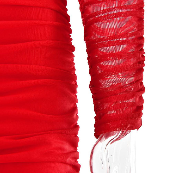 Off shoulder long sleeve slit mesh ruched maxi dress  | Festival Outfits Women