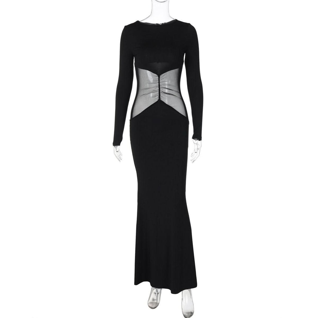Long sleeve crewneck mesh patchwork maxi dress  | Festival Outfits Women-final-sale